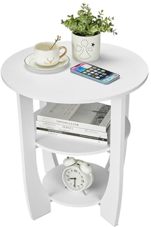 ZEXVIDA Beistelltisch Rund Holz, Couchtisch Vintage Pastoralstil, 3-stufiger Runder Beistelltisch mit Stauraum, Nachttisch Kleiner Tisch Sofatisch für Wohnzimmer Schlafzimmer Balkon (Weiß)