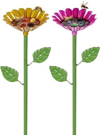 JXAXD 2 Stück Vogelbad Garten Stehend 65x8cm, Insektentränke Stehend, Insektentränke, Bienentränke für Den Garten, Blumen Vogeltränke Groß für Wildvögel & Insekten(Rosa, Gelb)