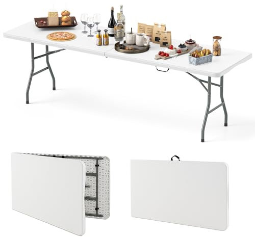 COSTWAY Tavolo Pieghevole Portatile da 180/245 cm, Tavolo da Campeggio in HDPE, Meccanismo di Blocco Sicuro, Tavolo da Picnic con Maniglia, Portata 160 kg (245 cm,Bianco)