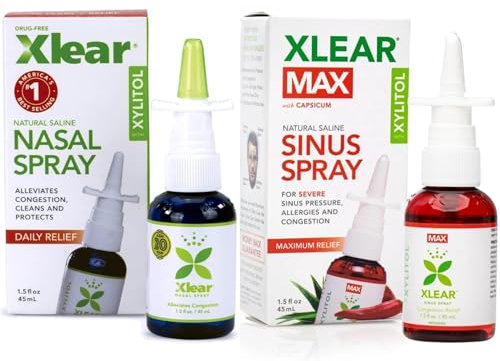 Xlear Spray Nasal Natural con Xilitol Pack Regular y Max con Capsicum Fórmula Potenciada de Acción Rápida Hidratante para la Sequedad Nasal Solución Salina 2 x 45 ml
