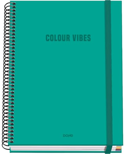 Dohe - Cuaderno A5 Cuadriculado - 100 Hojas Grosor 90 gr/m², Tamaño 16,2x21 cm, Tapa Dura, Cierre Anillas y Goma Elástica, Cuadrícula 5 mm, Material Escolar - COLOUR VIBES Verde