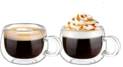 LoveFirst Lot de 2 Tasses à Café en Verre Isotherme à Double Paroi de 150 Ml avec Poignée, Tasses en Borosilicate Transparent, Soufflé à la Main, Parfaites pour le Cappuccino,le thé,le Latte,Jus