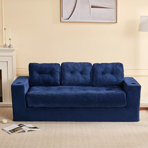 Litbird canapé 3 Places 190 cm Salon, Confortable sans Structure avec Coussins, accoudoirs, Double Porte-gobelets, Tissu côtelé, sans Montage, Bleu Marine