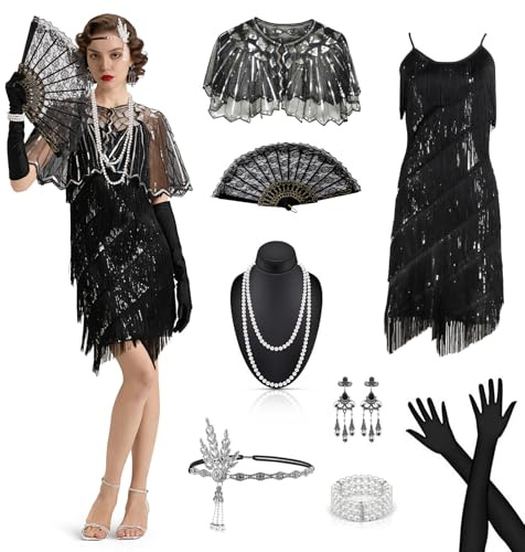 Joellfuner Robe Charleston Femme Annee 20, Déguisement Gatsby Femme Annee 20 Paillettes et Franges Ensemble avec Vintage Accessoires, Costume des 1920s Vintage pour Carnaval, Halloween