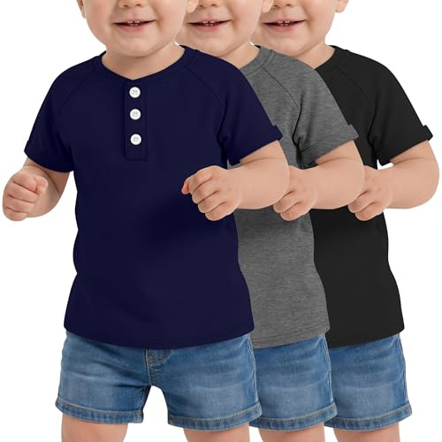 YooAurvox 3 Pack Toddler Short Sleeve Henley Shirts for Boys Girls Rolled Cuff Solid Tees Tops Button Down T Shirts(Navy Blue, Dark Gray, Black,3T)
