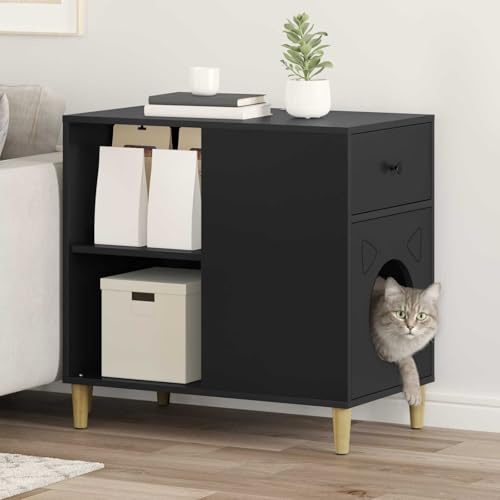 Runheo Casa para gatos negra de madera de 72 x 42,5 x 70 cm, casa para gatos interior con estructura estable, acogedor lugar de descanso para gatos para dormir, jugar, esconderse y escalar