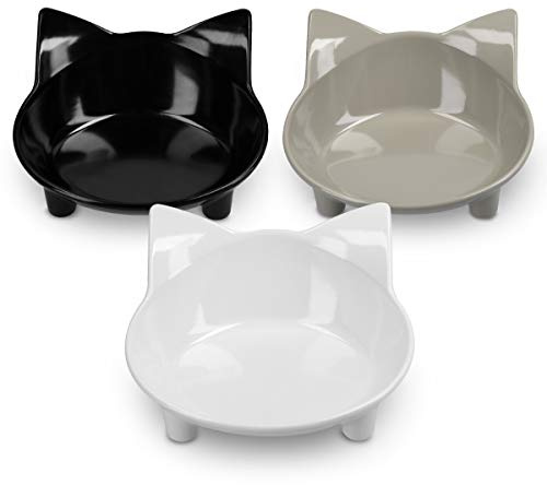 Navaris Comedero para Gato y Perro - Juego de 3 Cuencos Antideslizantes para Comida y Agua - 210 ml - Con Forma de Gato en Blanco, Negro y Gris
