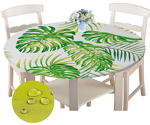 Chickwin Runde Tischdecke Wasserdicht Kreative 3D Gedruckte Tischschoner Elastische Kante, Tischtuch aus Polyester für Küche, Esszimmer, Garten oder Camping (Monstera,120cm)