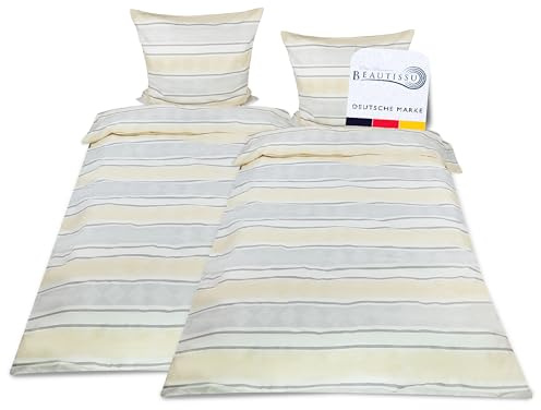 Beautissu Biber Bettwäsche 155x220 cm 4teilig Viola – 100% Baumwolle Warme Flanell Winterbettwäsche – Biberbettwäsche 2X Bettbezug & 2X Kissenbezug 80x80 cm, Feinbiber Bettwäsche-Sets Biber Beige