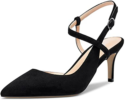 HDEUOLM Chaussures Aiguille Talons Moyens pour Femmes Kitten Heel Slingback Sandales Bout Pointu Pumps Lanières Cheville Noir Suède 40 EU
