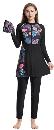 Odizli Burkini para mujer musulmán de manga larga con cremallera, camisa de baño con flores+pantalones de baño+gorro de baño, 3 piezas, Islamismo modesto, ropa de baño completa, Negro , XL