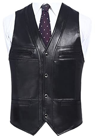 Gilet en cuir pour homme - Style décontracté et décontracté - En peau de mouton - Sans manches, Noir , XL