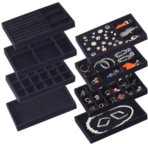 CDBOVID Paquete de 8 organizadores apilables de joyas, bandejas apilables para cajones, insertos de cajones de joyería, contenedor de exhibición para aretes, collares, anillos, pulseras, relojes con
