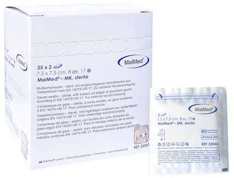 Kompressen Sterile 7.5x7.5cm 50 Stück Wundkompressen STERIL 8 Lagen Wundauflage Verbandsmaterial Mullkompressen Wundgaze Kompresse zur Wundversorgung Blutabsorption+E-Book (über Gesundheit)