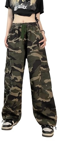 SESERAGI Cargo Pants Women Baggy Streetwear Y2K Drawstring Trousers Wide Leg Pants Camo Green M