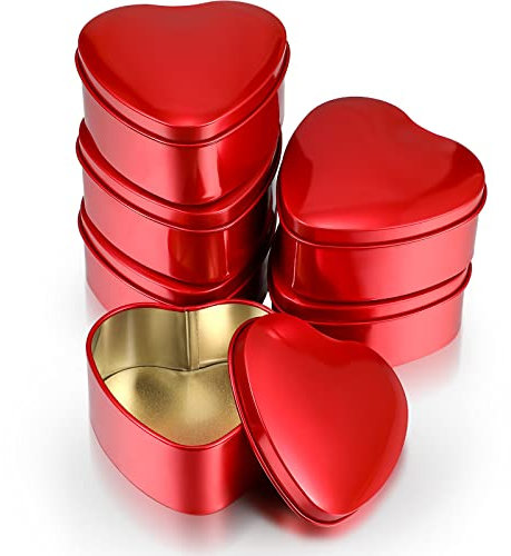 ASEELO 6pcs Red Heart Shaped Metal Tins Box with Lids/Biscuits Candies Jar Treasures Boxes/Heart Shaped Candle Jars