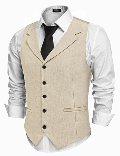COOFANDY Khaki Vest for Men Linen Texture Vests Slim Fit Dressy Suit Vest, Light Khaki, L