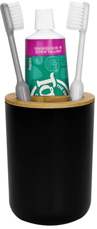 Adorila Porte-brosse à dents rond en bois, épais et durable, support de rangement pour salle de bain et comptoir (noir)