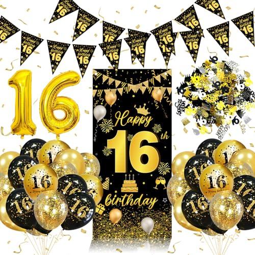 16th Birthday Decorations for Boys Girls, 16th Birthday Balloons Black Gold with 16 Balloons, Triangle Flag Banner, Banner | 16 Year Old Party Supplies Decor