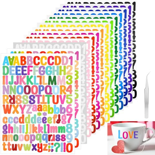 Celepoir 14 Sheet 1 Inch Alphabet Letter Stickers, 1764 Pcs Colourful Vinyl Stickers, Waterproof Alphabet and Numbers Sticker, Adhesive Vinyl Letter Sticker for DIY Crafts, Scrapbook