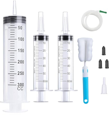 GOTRUST Stor spruta med slang, 300 ml och 60 ml plastsprutor utan nål, stor plastspruta, stor plastspruta för motorolja, laboratorium, trädgård, industri