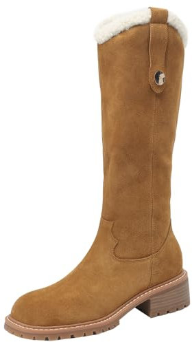 CUTEHEELS Stivali invernali da donna alla moda comodi in vera pelle foderati con pelliccia di agnello, Giallo marrone., 38 EU