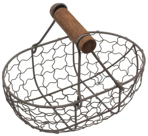 Cesta de alambre ovalado, cesta de pollo de metal, recolección de huevos frescos con asas de madera, recipiente de almacenamiento de encimera de estilo vintage negro para huevos frescos, pan, fruta,