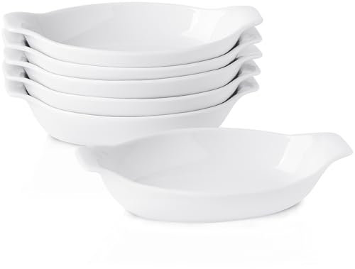 Juego de 6 cazuelas de cerámica de 350 ml, 22,8 x 11,9 x 4,3 cm, moldes ovalados para 1 porción cada uno, con asas para 1 persona, seguro para horno y microondas