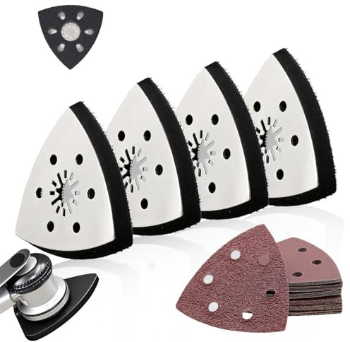 4 Triangolari Piastra di Levigatura 93 mm + 24 Carta Vetrata per Levigatrice, Accessorio per Utensile Multifunzione per Levigare Superfici e Angoli di Legno, Metallo, Plastica e Pietra