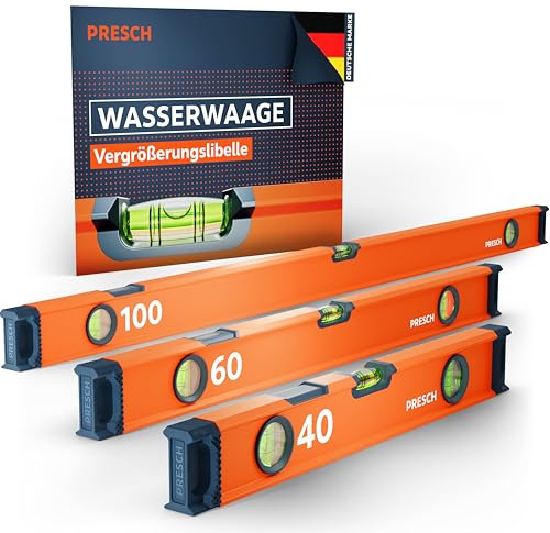 Presch Set di livelle a bolla 3 pz. - 40cm, 60cm e 100cm - Fiala infrangibile con pendenza 2% - Finestra di lettura verticale - Tappi antiscivolo innovativi