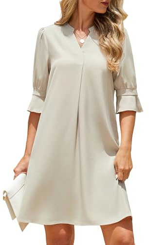 Enmain Abito Estivo Donna Elegante Vestito Beige Casual con Scollo a V e Tasche e Maniche Corte a Volant XL