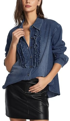 D-Sun Women Button Down Denim Shirt Long Sleeve V-Neck Ruffled Denim Blouse Casual Fashion Collared Jean Jacket Top