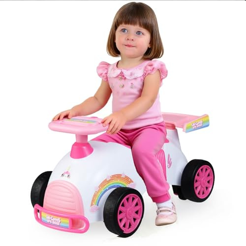 COSTWAY Porteur Enfant en Frome Licorne avec Volant & Musique, Voiture à Pousser Bébé avec Coffre à Jouets Caché & roulettes Universelles, Charge 15 kg pour Garçons Filles de 19-36 Mois (Rose+Blanc)