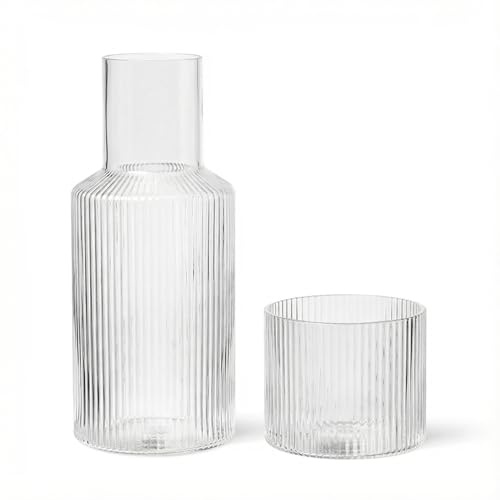 Juego de jarra de agua y vidrio para mesita de noche, jarra de vidrio de 1000 ml con taza Para Dormitorio de Invitados, Baño, Sala de Estar (Claro)