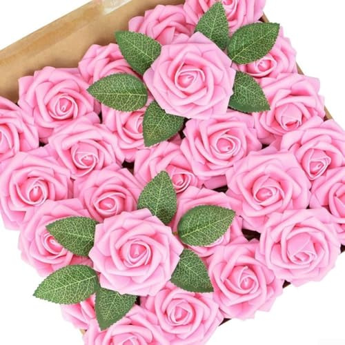 25 rose artificiali in schiuma con steli per decorazioni di nozze, artigianato fai da te e uso domestico, steli floreali in schiuma morbida per progetti creativi (rosso chiaro)
