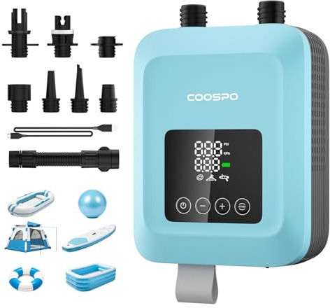 CooSpo Pompa elettrica verticale per SUP, gonfiaggio ad alta pressione a 20 psi, dotata di batteria ricaricabile da 59,2/44,4 Wh, silenziosa, adatta a kayak e altri articoli gonfiabili (Blu scuro)
