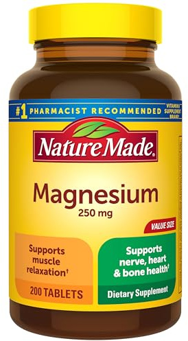 Nature Made Magnesium Oxide 250 mg, Magnesium Supplements for Men and Women, Support for Muscle, Heart, Bone and Nerve Health, 200 Tablets, 200 Day Supply