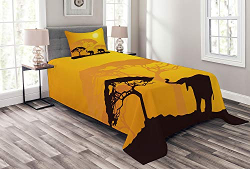 ABAKUHAUS Safari Tagesdecke Set, Afrika Abstrakt Wildlife, Set mit Kissenbezug Maschienenwaschbar, für Einzelbetten 170 x 220 cm, Braun Gelb Dunkelbraun Ringelblume