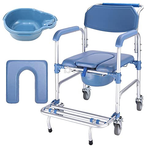 ybaymy 4 in 1 Wheeled Shower Chair Commode Toilet Chair for Elderly Bedside Commode Chair with Locking Wheels and Padded Seat for Disabled, Elderly People，150 kg Weight Capacity