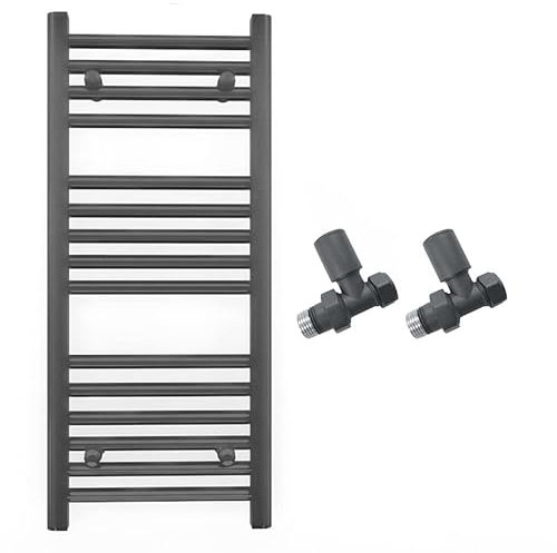 400mm Wide Straight Anthracite Grey Heated Bathroom Towel Rail Radiator With Valves For Central Heating UK (With Straight Valves, 400 x 800 mm (h))