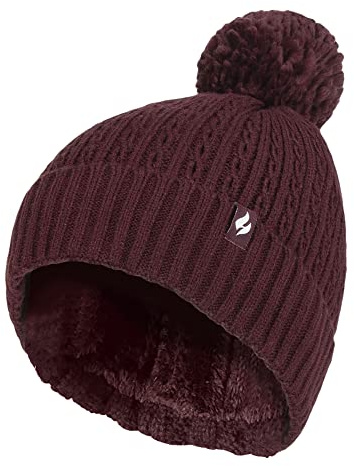 HEAT HOLDERS Termisk mössa för kvinnor med flätmönster, stickad tofsmössa, mjuk ribbad mössa med pom-pom, Wein, En Storlek
