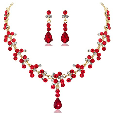 Prosy Parure de mariée avec collier et boucles d'oreilles en strass et cristal pour femme et fille (Rouge)