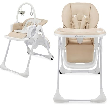 Kinderkraft Tummie, 2-in-1 high Chair, Baby Chair, Bouncer, Ergonomic, Comfortable, Reclining, Foldable, with Ajustable Height, Footrest, Detachable Tray, for Toddler, with Toys, Beige