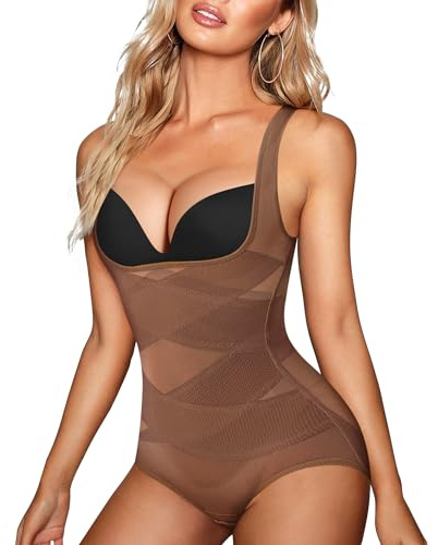 REYEOGO Shapewear Bodysuit for Women Tummy Control Butt Lifter Panty Hi-Waist Trainer Stomach Body Shaper Slimming Girdles (Brown, Small)