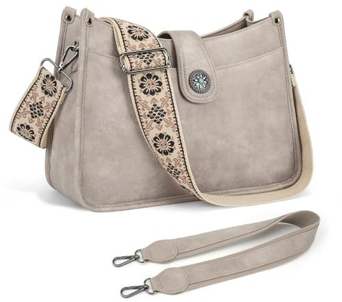 APHISON Umhängetasche Damen Handtasche Mittelgroß Grau Crossbody Bag mit Breiter Gurt Hobo Bag Schultertasche veganem Leder Tasche 2 Schulterriemen Kartenschlitz Reisetasche