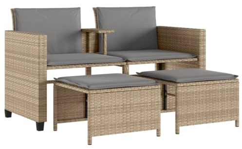 vidaXL Gartensofa, Sofa 2-Sitzer mit Tisch Hockern, Gartensessel Gartensofa UV-beständig, Gartenmöbel Sitzgruppe, Beige Poly Rattan