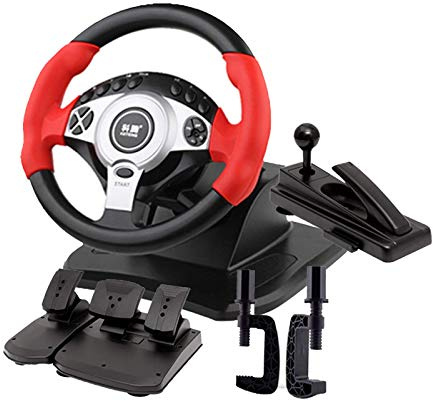 RajoNN Juego de Carreras de 900° Volante Simulador de conducción de Camiones Profesional Freno de Mano + Juego de Pedal de Embrague Compatible con Windows PC/Laptop,Red