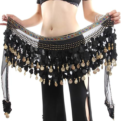 Baisdan Women's Belly Dance Hip Scarf, Belly Dancing Skirt Wrap with Bling Sequins Coins Belly Dance Costume Gem Black