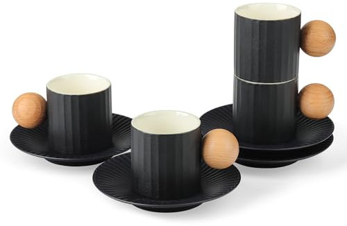 fanquare Tasses à Café et Soucoupe Noires Ensemble de 4 Tasse à Café en Céramique avec Manche en Bois Set de Tasses à Espresso pour Thé Latte Mocha Café