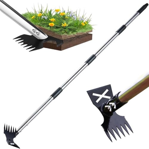 Weed Puller Tool with Long Handle, 2 in 1 Manual Weed Rake and Garden Hoe 150cm Weed Remover Gardening Tools Weeding Pull for Garden Yard Lawn Patio Kids Adluts (F)